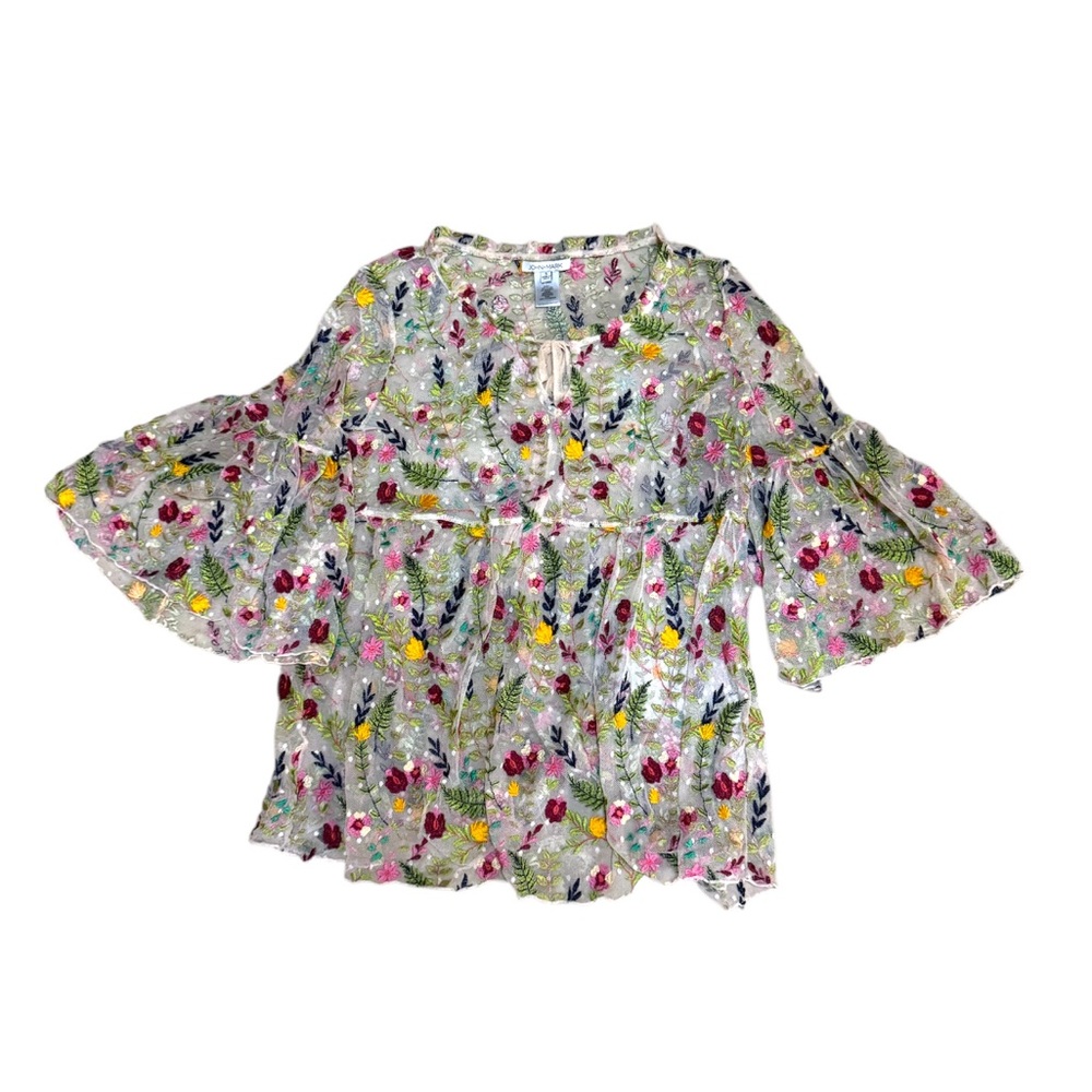 John Mark Multicolor Floral Top with Bell Sleeves, (see through )